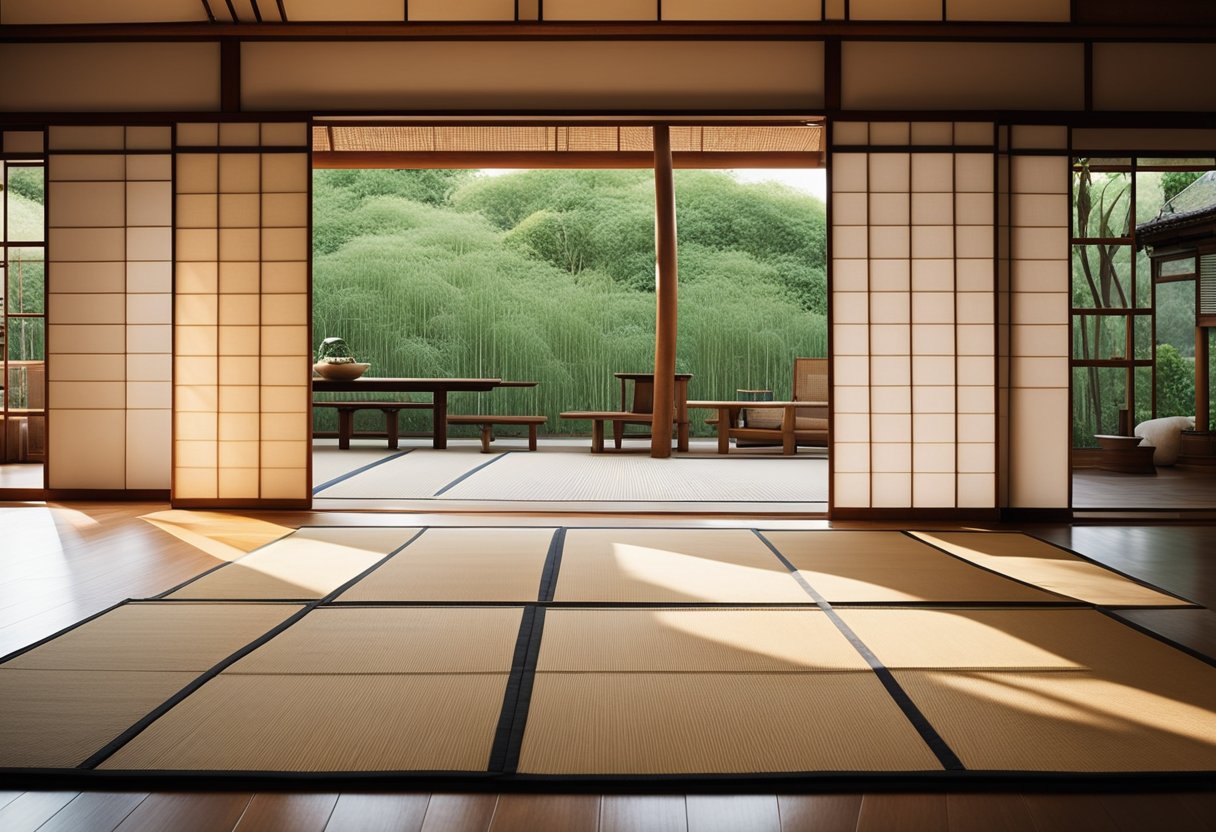 A tatami mat room with sliding shoji doors, low wooden furniture, and paper lanterns casting a warm glow. Bamboo accents and minimal decor create a serene and minimalist atmosphere