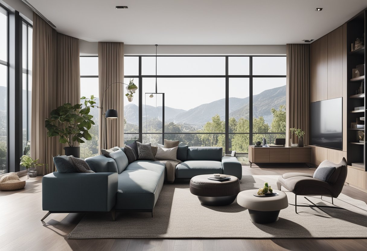 A spacious living room with modern furniture and large windows, showcasing a sleek interior design