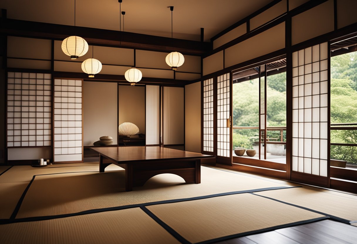 A spacious room with sliding shoji screens, tatami flooring, and minimal furniture arranged in a balanced and harmonious manner. Traditional wood beams and paper lanterns add to the serene ambiance