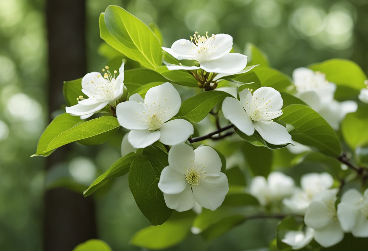 Japanese Stewartia tree with delicate white flowers, glossy green leaves, and peeling bark, standing in a dappled forest clearing