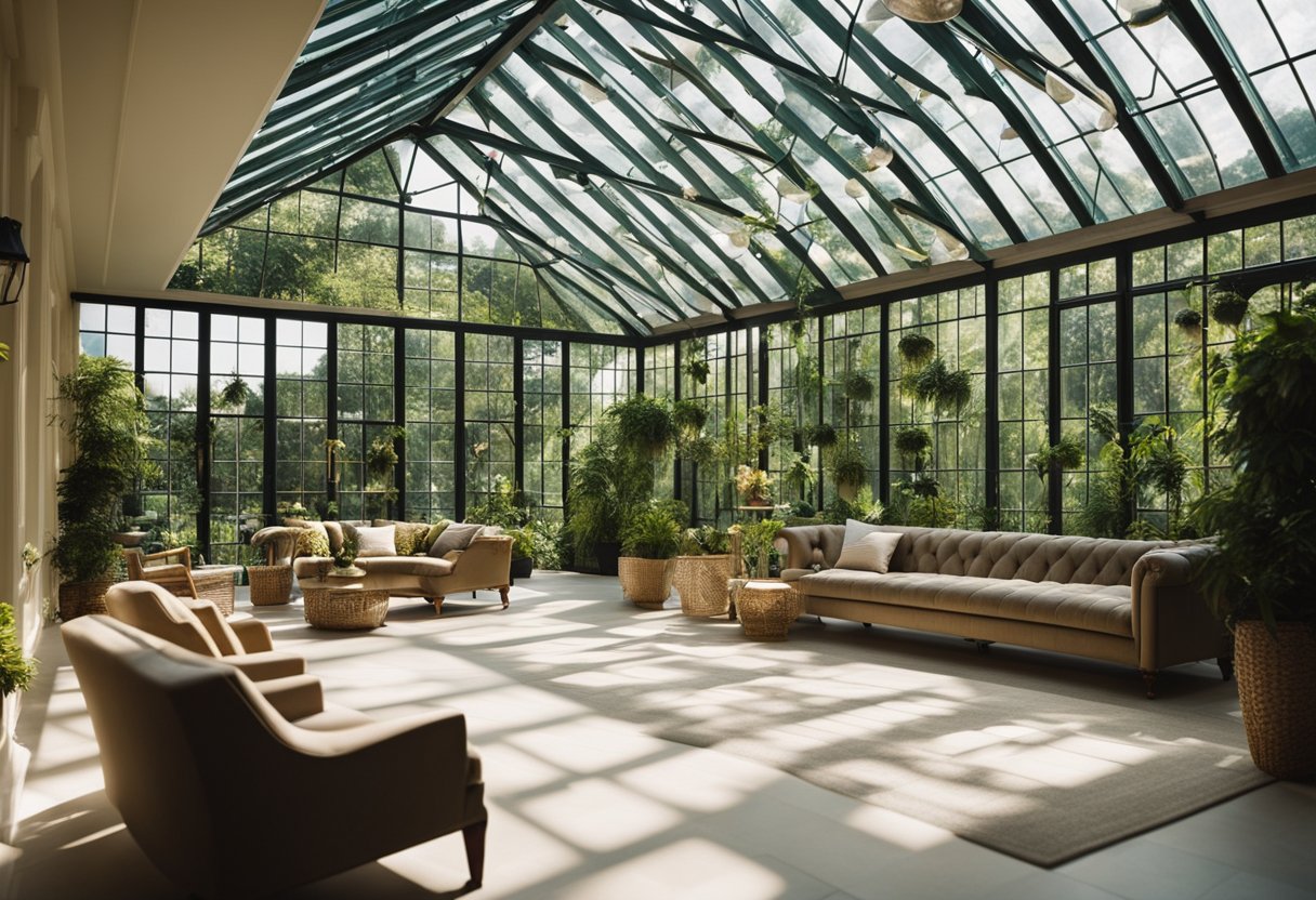 Sunlight streams through glass ceiling, illuminating lush greenery and elegant furniture in orangery interior design