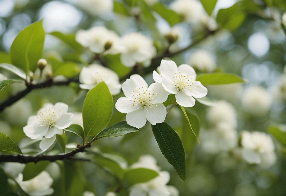A Japanese stewartia tree grows tall and strong, its delicate white flowers blooming under the careful care of a gardener