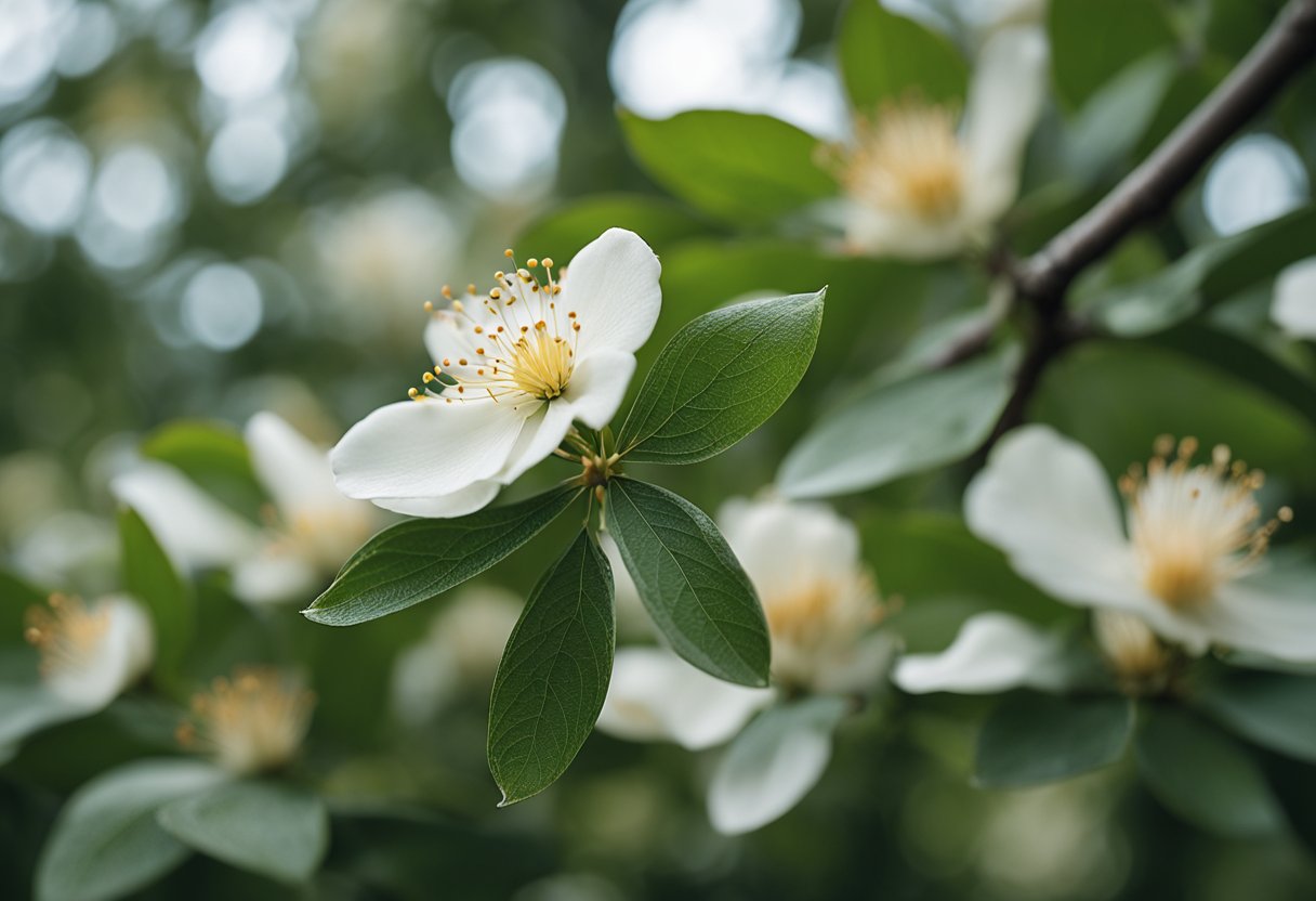 The Japanese stewartia tree stands tall, its delicate white flowers contrasting against the deep green foliage. The bark is smooth and mottled, with patches of gray and orange peeling away to reveal a mosaic of colors underneath