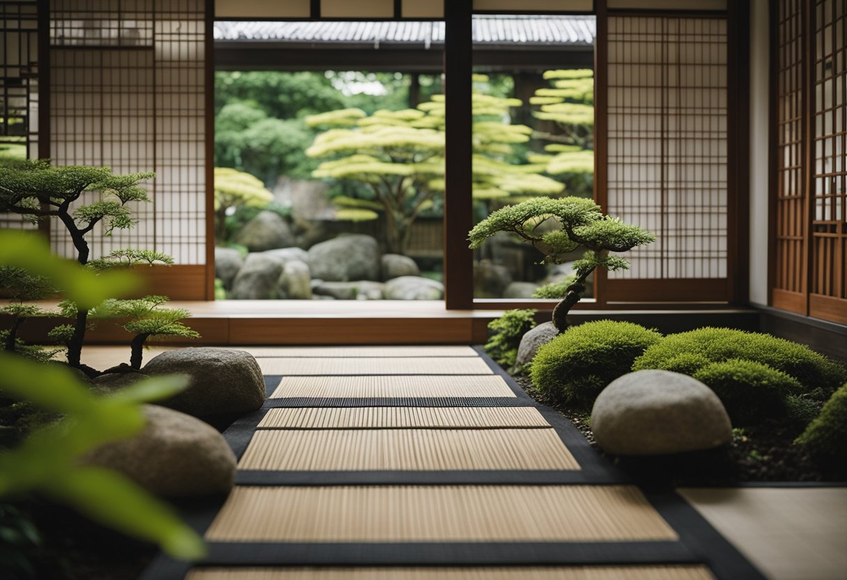 A serene Japanese garden with traditional elements, tatami mats, and sliding shoji screens in a modern Singaporean home