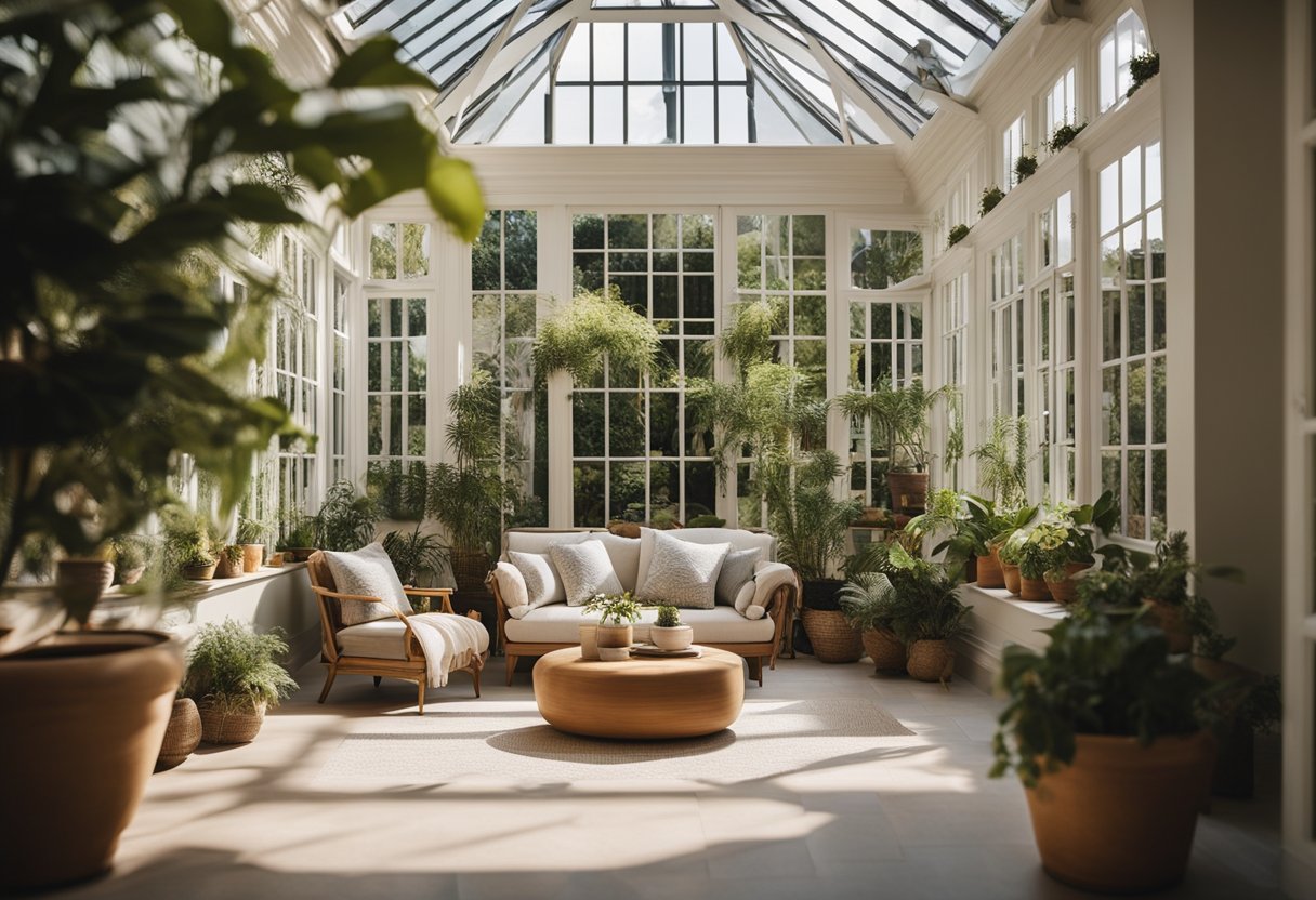 A sunlit orangery with elegant furniture, lush potted plants, and a cozy reading nook. The space is bathed in natural light, creating a warm and inviting atmosphere