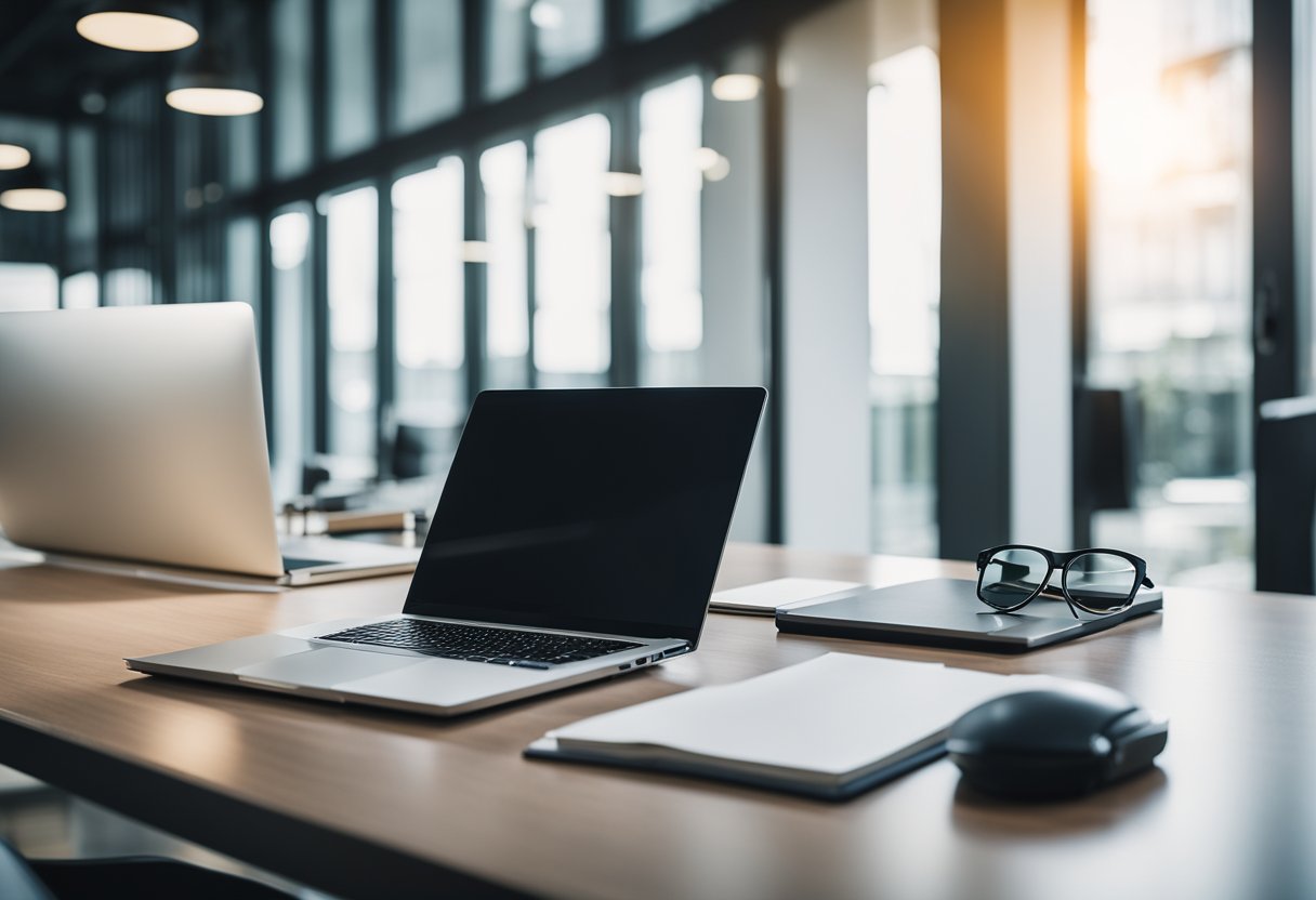 A modern office setting with a desk, computer, and open book of FAQs. Bright, clean, and professional atmosphere