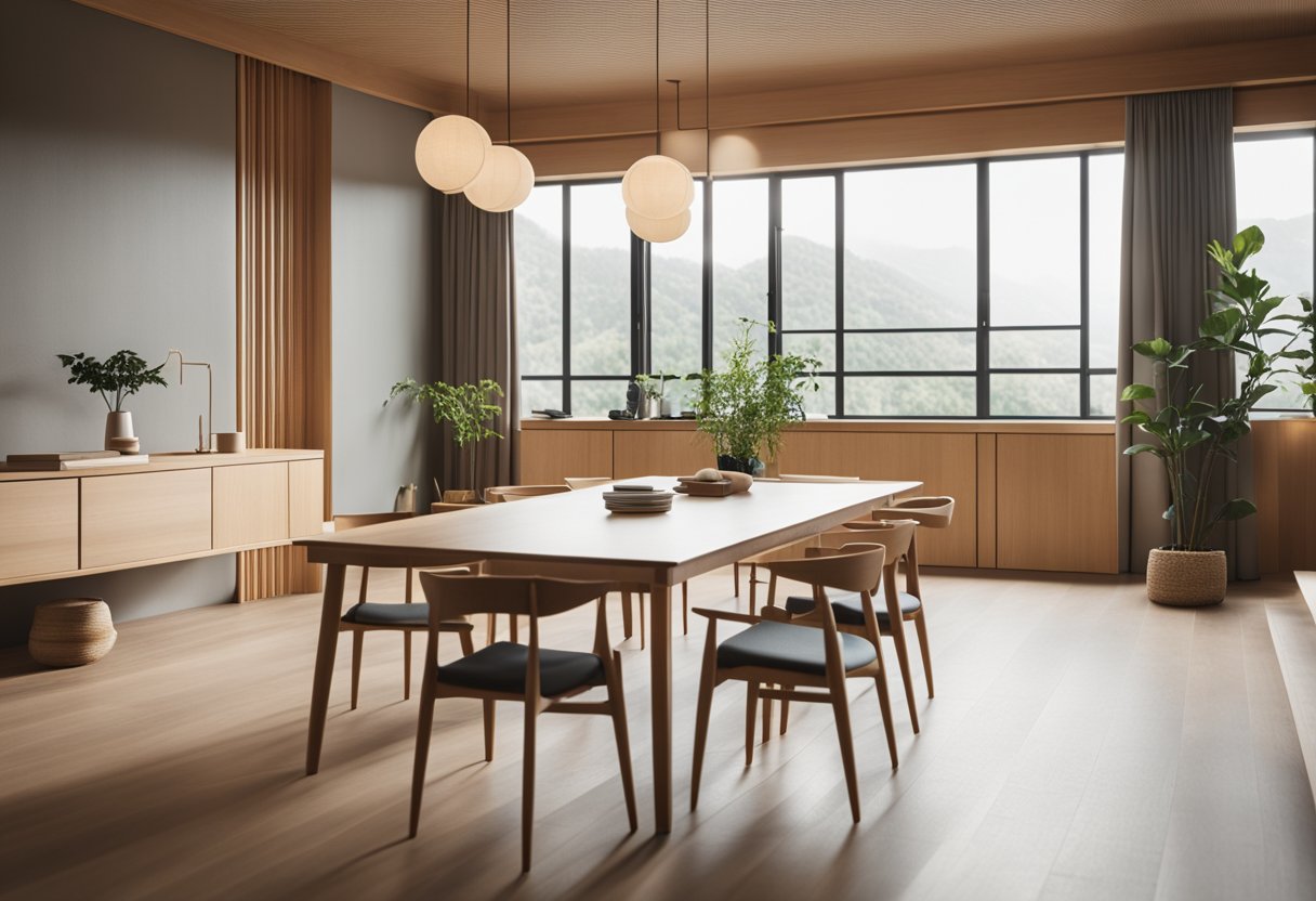 A spacious room with minimalistic Japanese wood interior and clean lines, accented with Scandinavian furniture and natural light