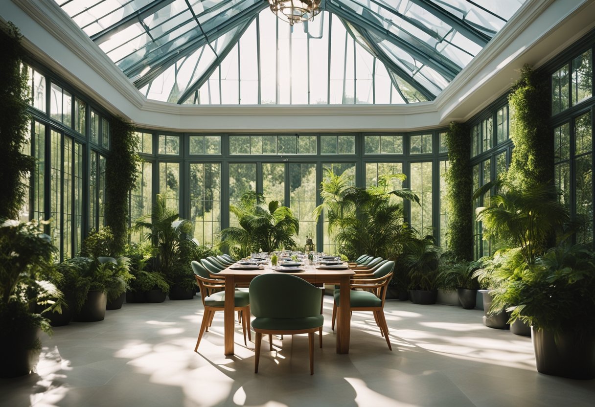 Sunlight streams through glass walls, illuminating lush greenery and elegant furniture in a spacious orangery interior
