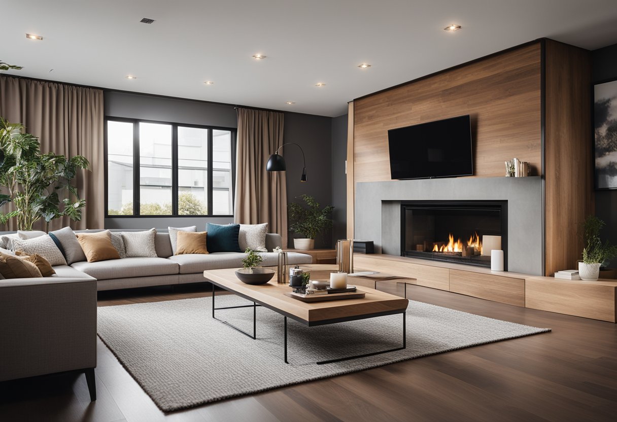 A spacious living room with modern furniture, large windows letting in natural light, and a cozy fireplace as the focal point
