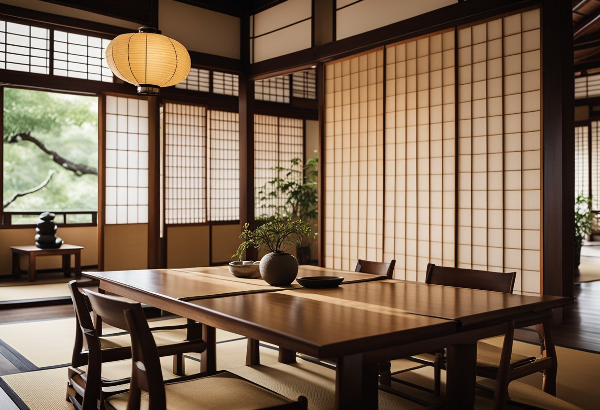 A serene Japanese interior with minimalist decor, shoji screens, tatami mats, and a low dining table. Bamboo and paper lanterns add a touch of traditional charm