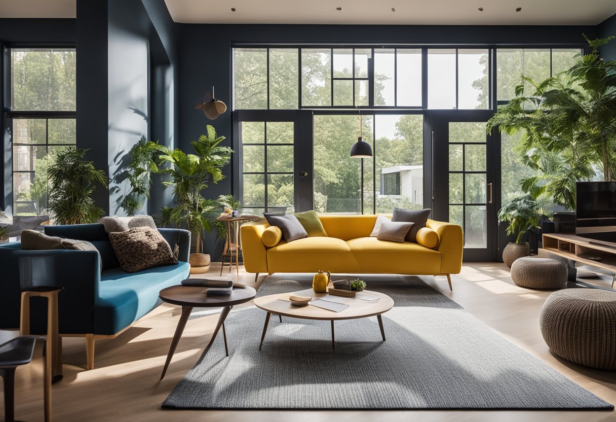 The renovated wonder house interior features modern furniture and vibrant colors, with natural light streaming through large windows