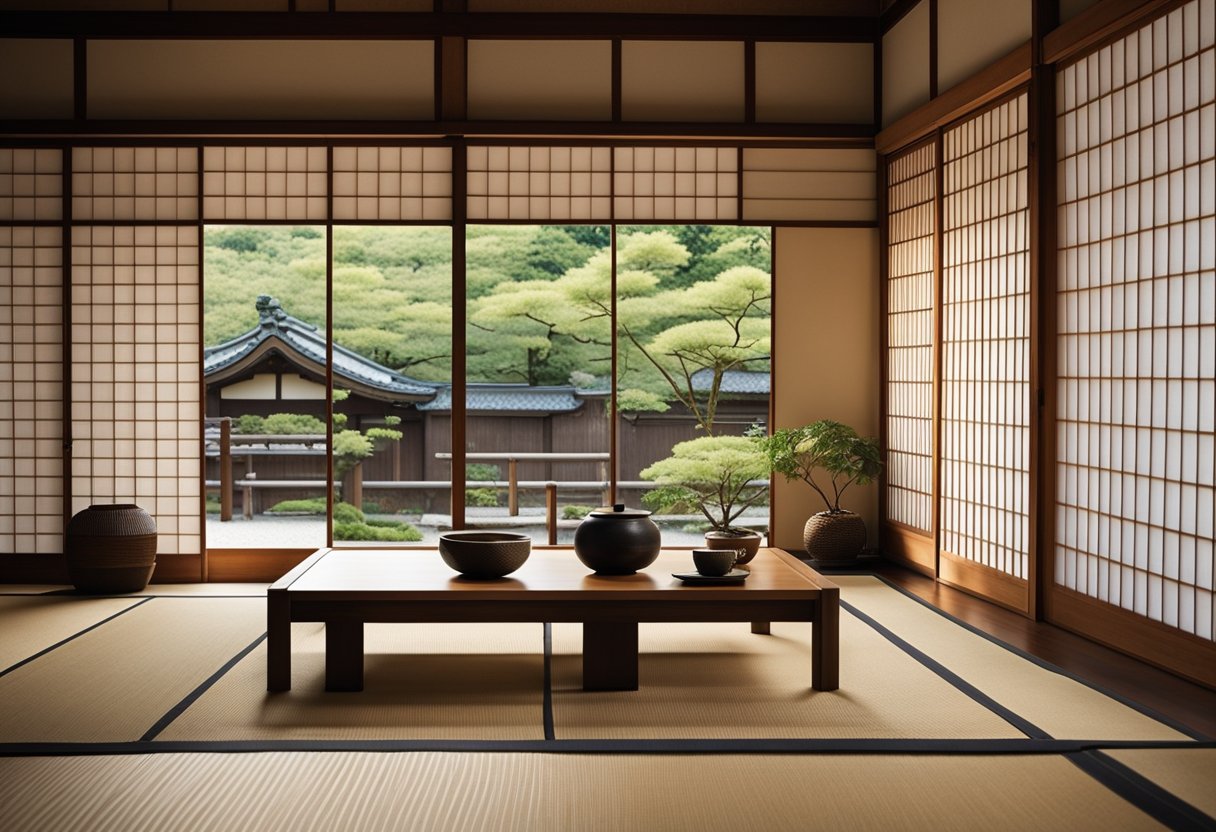 A serene Japanese wood interior with sliding shoji screens, tatami mats, and minimal furniture. Soft natural light filters through the paper screens, creating a tranquil atmosphere