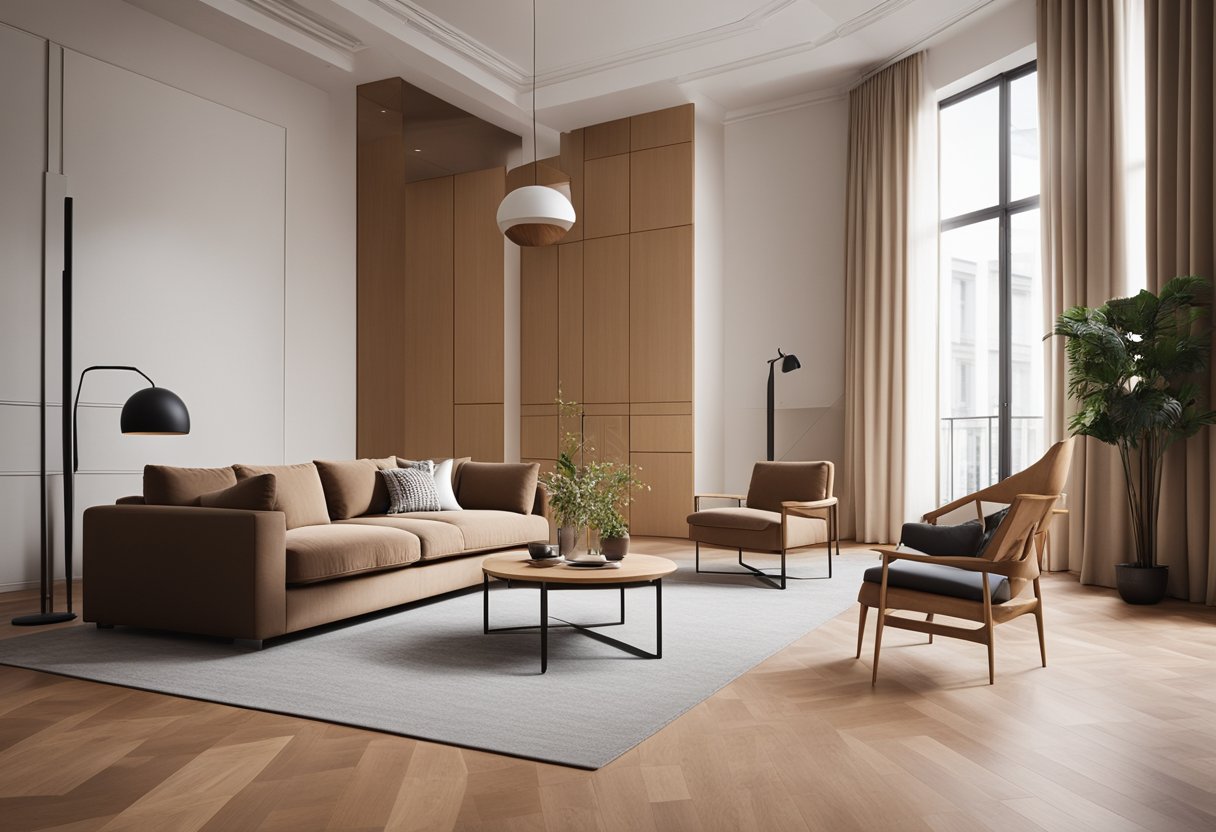 A spacious living room with natural light, showcasing a geometric parquet flooring pattern in warm wood tones, complemented by modern furniture and minimalist decor