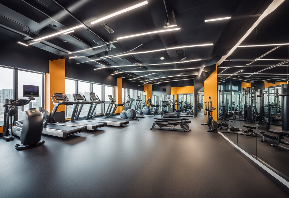 The fitness center interior features modern equipment, bright lighting, and vibrant colors. Mirrors line the walls, and large windows provide natural light