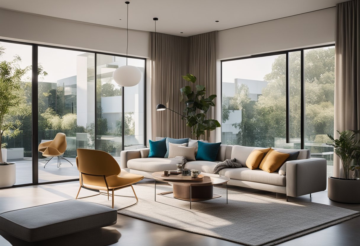 A modern, sleek wonder house interior with clean lines, minimalist furniture, and pops of vibrant color. Large windows let in natural light, creating a bright and airy atmosphere