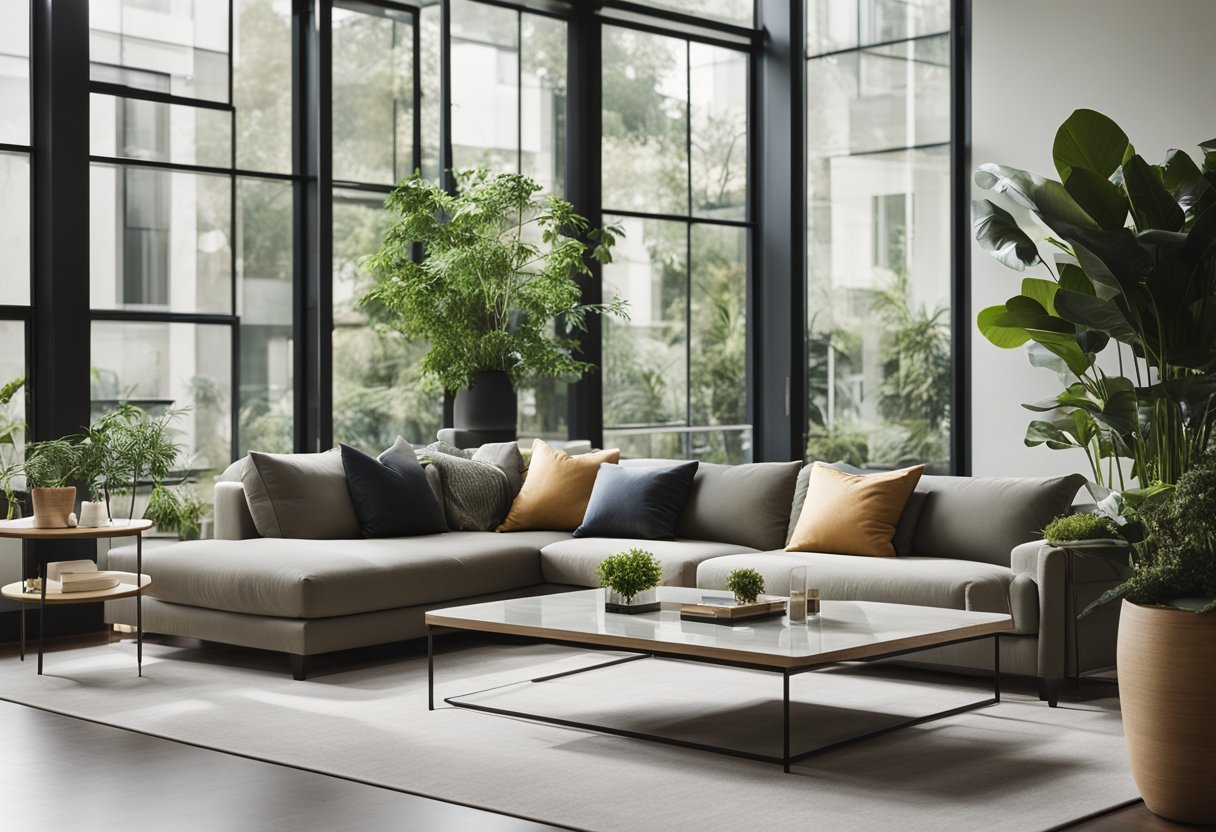 A modern living room with a sleek sofa, a glass coffee table, and abstract art on the walls. The room is filled with natural light from large windows, and there are potted plants adding a touch of greenery