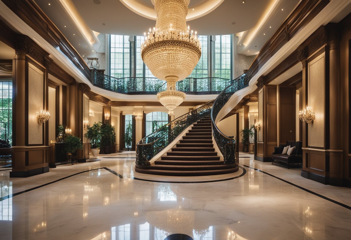 A grand chandelier illuminates the spacious foyer, with marble floors and a sweeping staircase leading to the upper levels. The walls are adorned with ornate mirrors and artwork, while plush seating areas invite guests to linger
