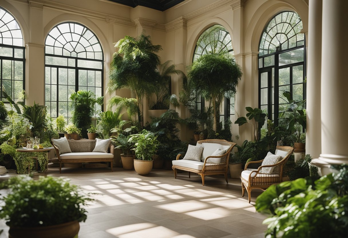 The orangery interior features lush green plants, abundant natural light, and elegant furniture arranged for conversation and relaxation