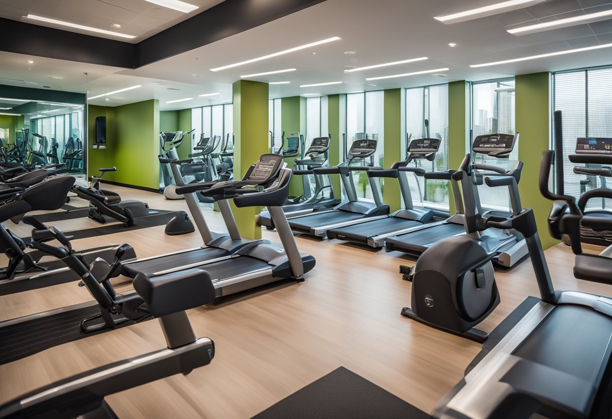 The fitness center interior features sleek, modern equipment, vibrant accent colors, and natural lighting to create an inviting and energizing atmosphere