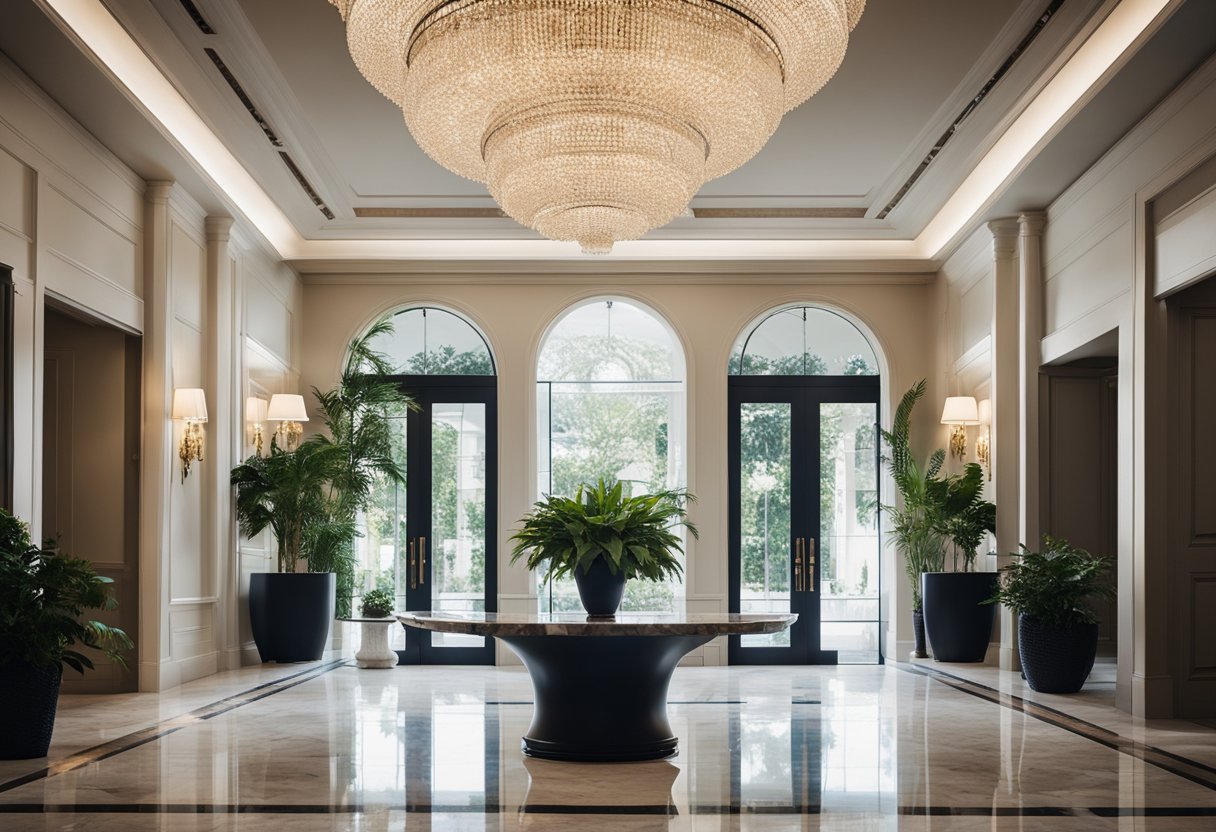 A grand chandelier illuminates a spacious foyer with marble floors, a sleek console table, and a statement mirror. A plush area rug and potted plants add warmth to the elegant space