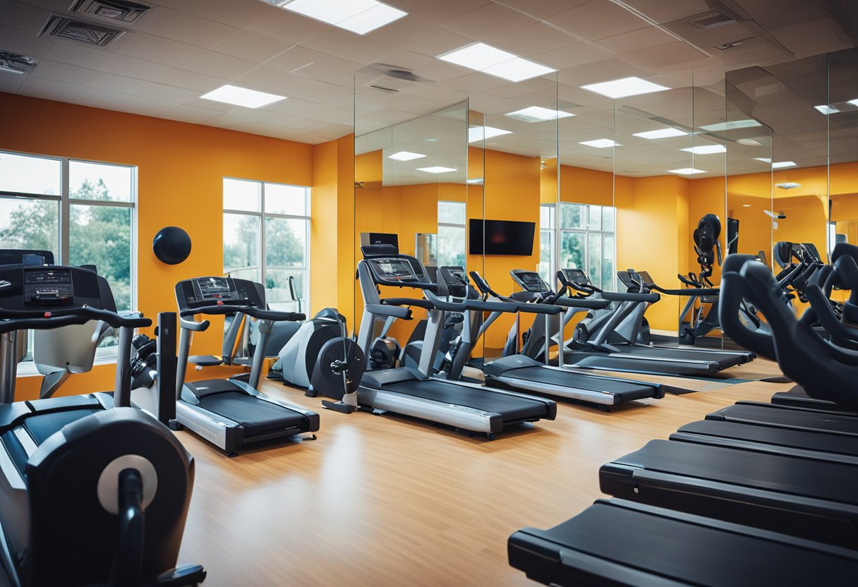 The gym is filled with modern equipment and vibrant colors. Mirrors line the walls, reflecting the energy of the space. Natural light floods in through large windows, creating a welcoming atmosphere