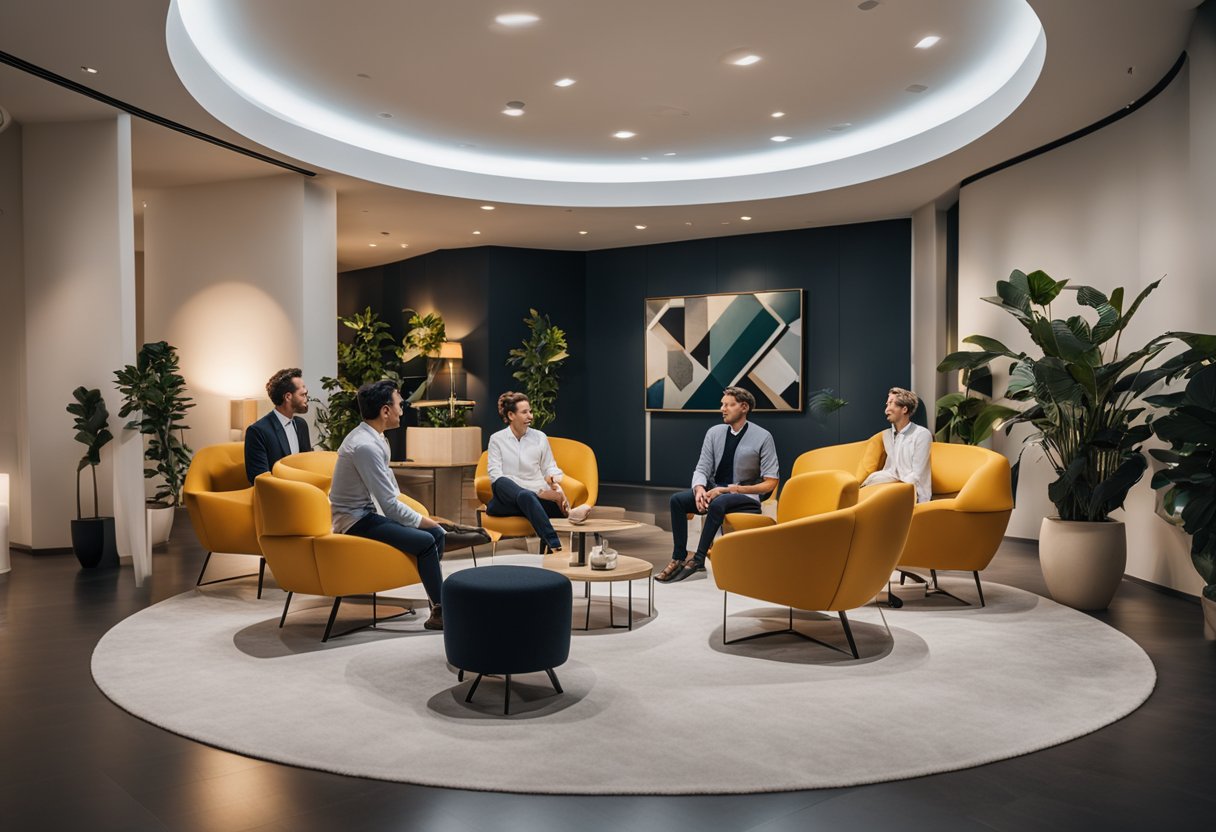 A group of designers discussing decor in a modern, well-lit forum with sleek furniture and vibrant wall art