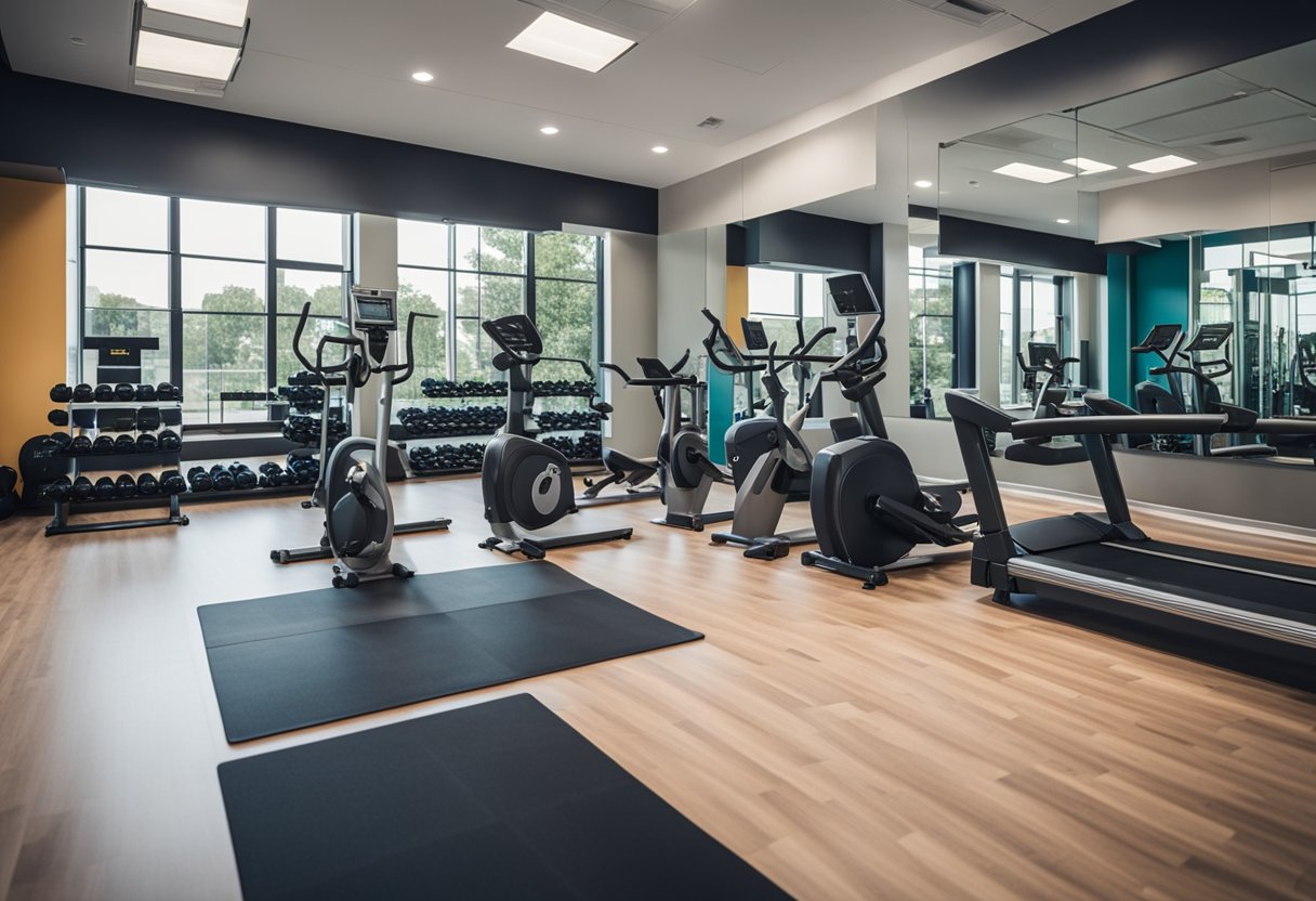 A modern fitness center with sleek equipment, vibrant colors, and ample natural light. The space is organized with designated areas for cardio, strength training, and group exercise