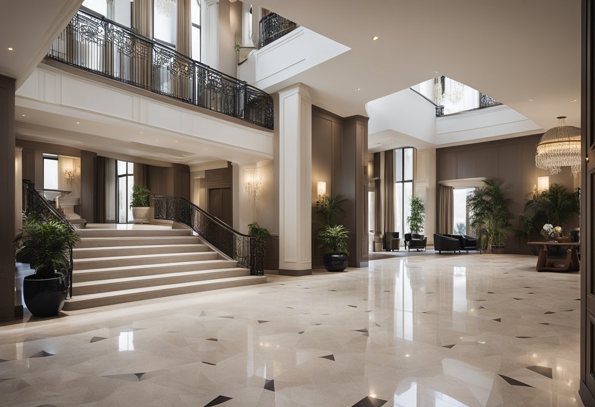 A spacious foyer with modern furniture, a grand staircase, and natural lighting from large windows. A mix of neutral colors and elegant accents create a welcoming and sophisticated atmosphere
