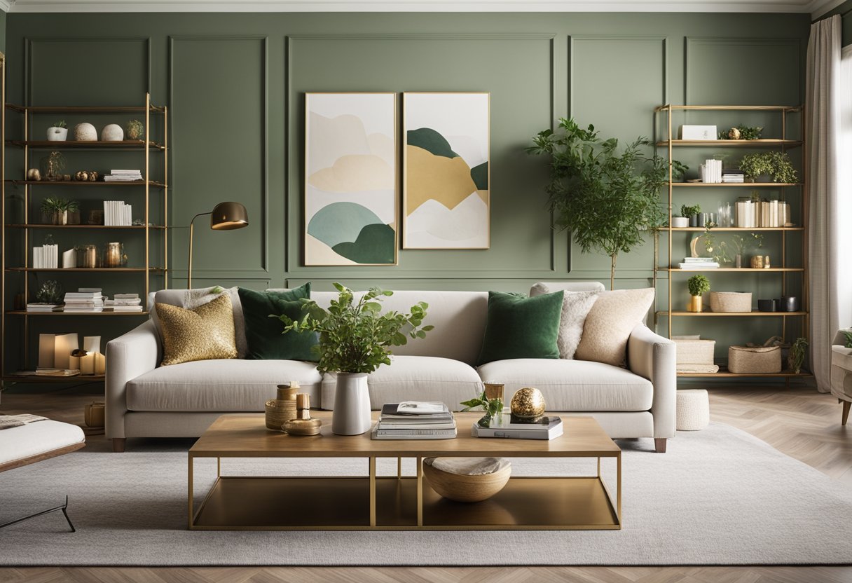 A cozy living room with a large, comfortable sectional sofa, a warm fireplace, and shelves filled with books and decorative items. A soft, neutral color palette with pops of green and gold accents