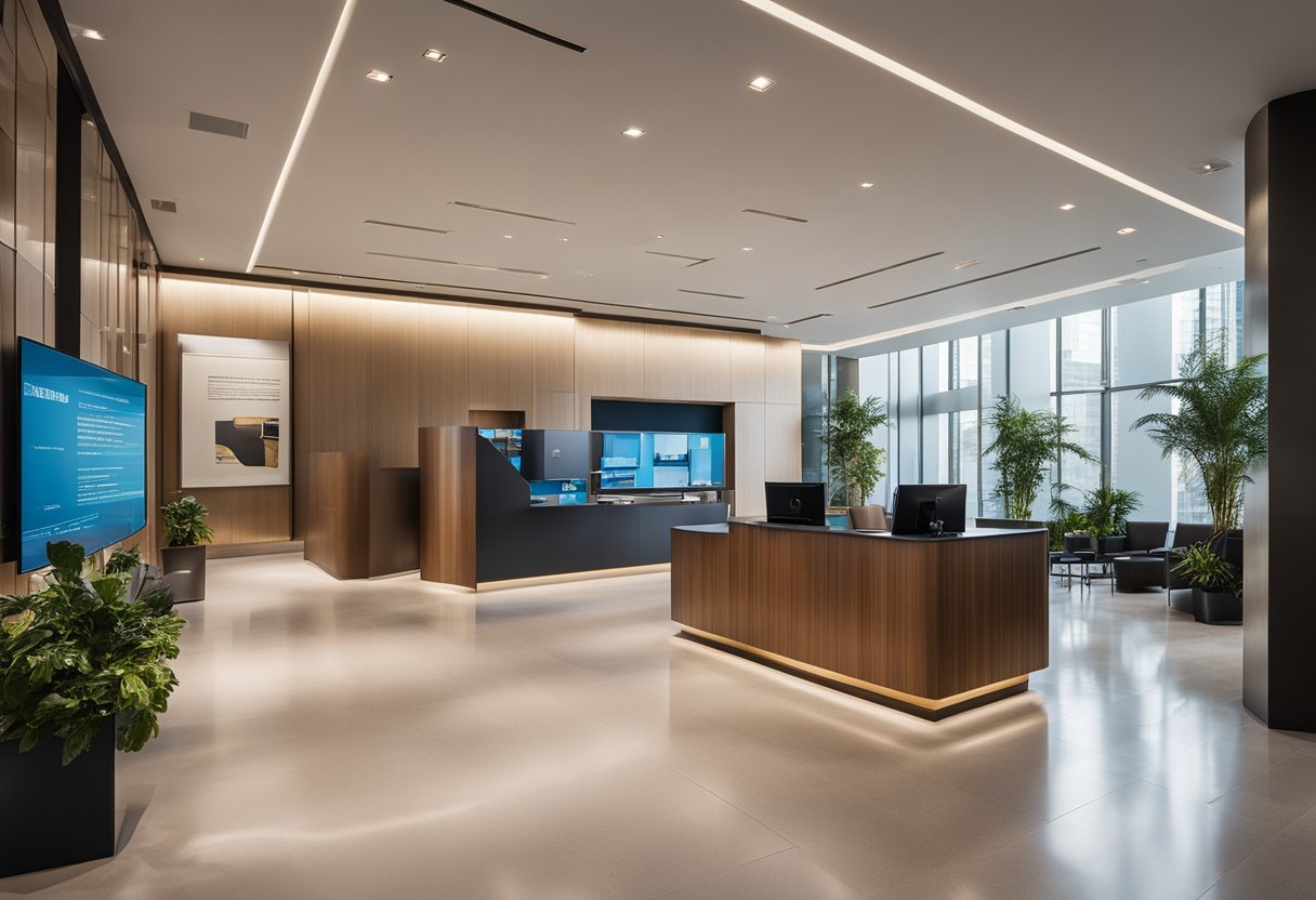 A modern, spacious foyer with sleek furniture, a large information desk, and a wall display of frequently asked questions