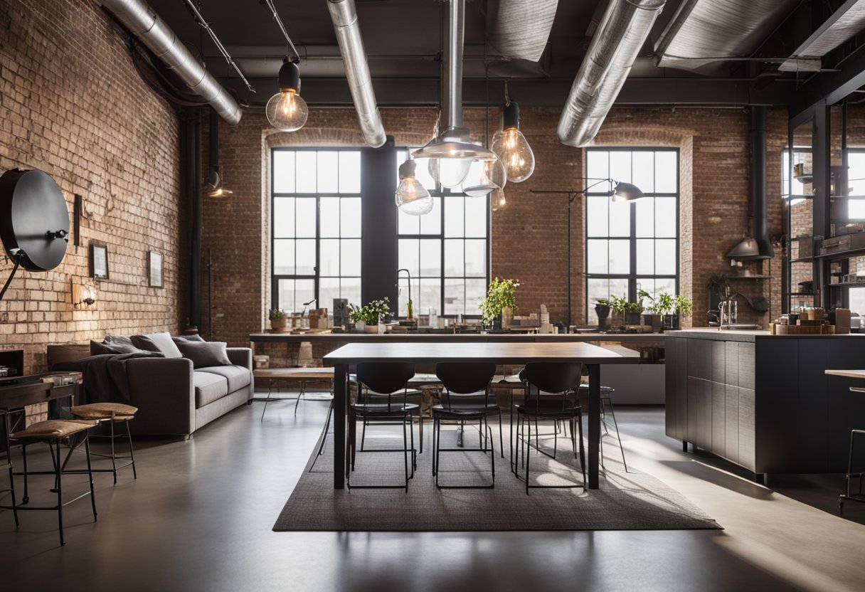 A spacious, open-plan loft with exposed brick walls, industrial lighting fixtures, and sleek, modern furniture. The space seamlessly blends raw industrial elements with clean, minimalist design