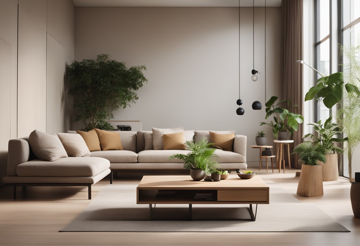 A minimalist living room with sustainable materials, natural light, and integrated smart technology. Earthy tones, modular furniture, and indoor plants create a harmonious and eco-friendly space