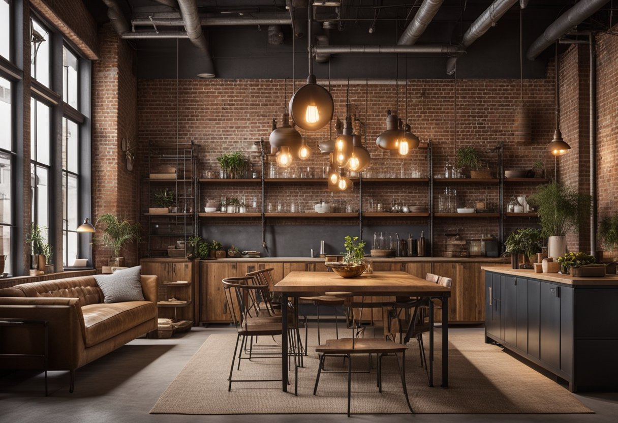 A spacious loft with exposed brick walls, metal piping, and rustic wooden furniture. Industrial lighting fixtures hang from the high ceilings, casting a warm glow over the space