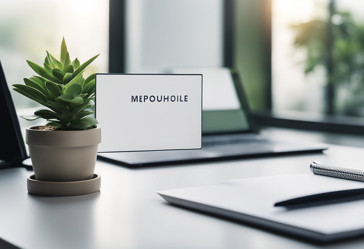 A modern, minimalist interior design name card on a clean, white desk with a sleek pen and a potted plant in the background