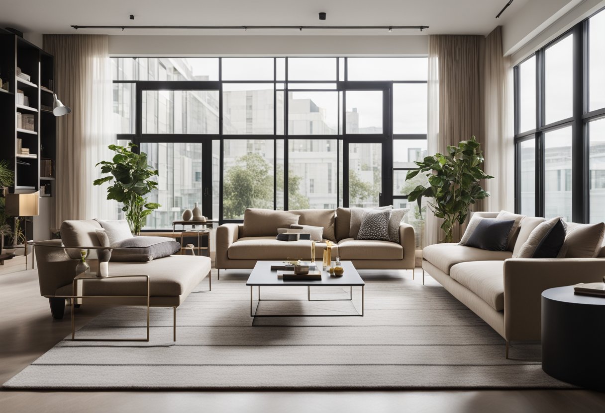 A modern living room with sleek furniture, geometric patterns, and a neutral color palette. Large windows let in natural light, highlighting the clean lines and minimalist decor