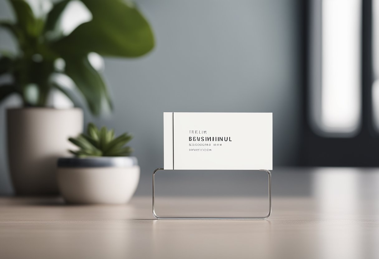 A sleek, modern interior design business card displayed on a clean, minimalist desk with a stylish pen and a potted plant in the background