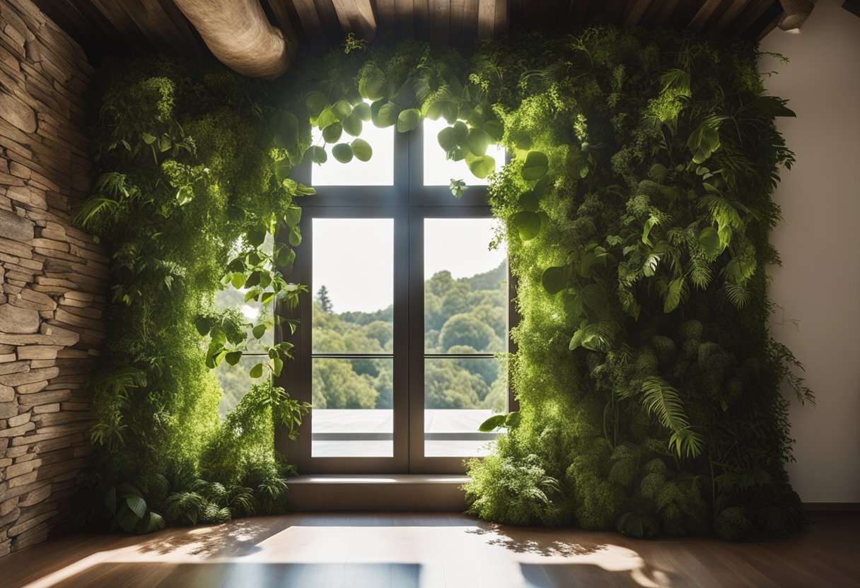 A sunlit room with greenery cascading down walls, natural materials like wood and stone, and large windows bringing in nature views