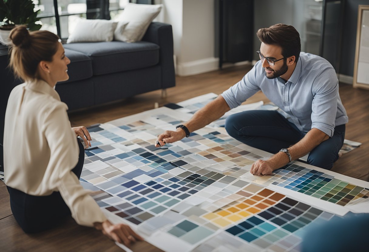 An interior designer discussing plans with a client, surrounded by fabric swatches, paint samples, and floor plans