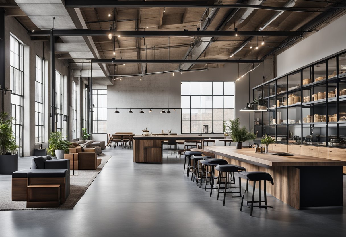 A modern industrial space with clean lines, exposed metal beams, and a mix of raw materials like concrete and wood. Minimalist furniture and sleek lighting fixtures add to the contemporary feel