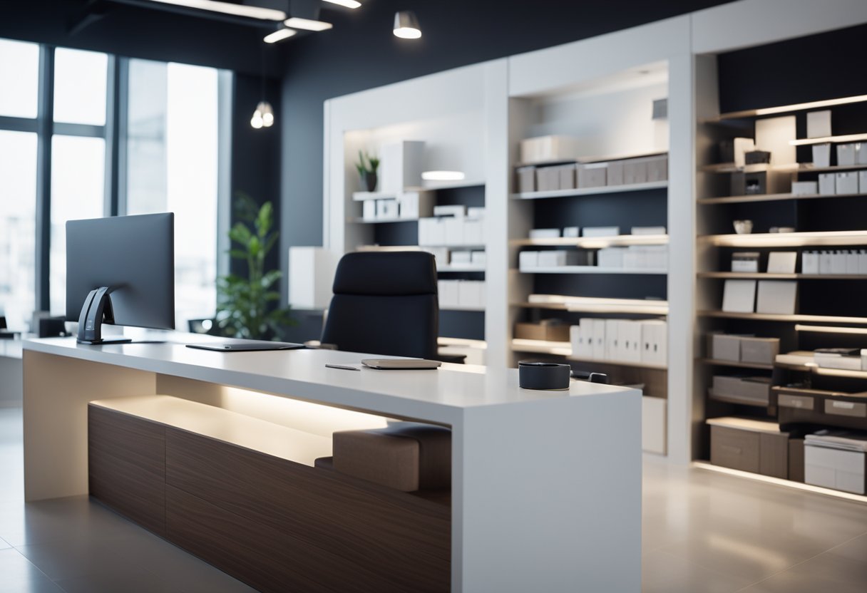 A sleek, modern office space with minimalist furniture and a clean, organized desk. A wall of shelves displays interior design samples and a stylish name card holder sits on the reception desk