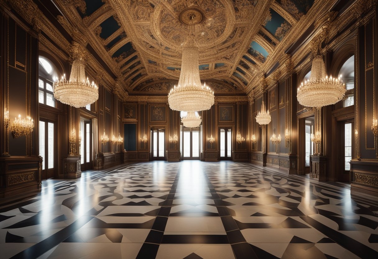 A long hall with high ceilings, adorned with elegant chandeliers and intricate moldings. The walls are lined with large, ornate mirrors, and the floor is covered in a luxurious, patterned carpet