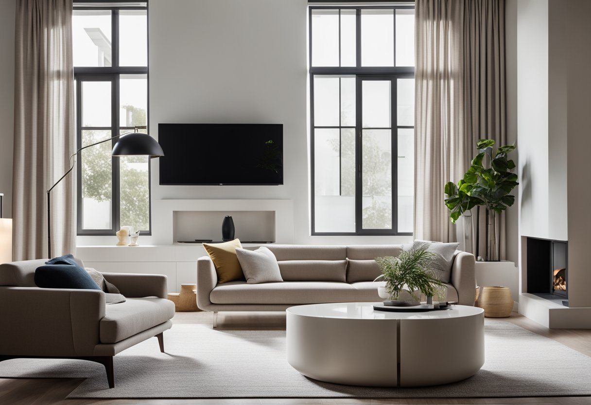 A modern, minimalist living room with sleek furniture and clean lines. Neutral color palette with pops of bold accent colors. Large windows let in natural light