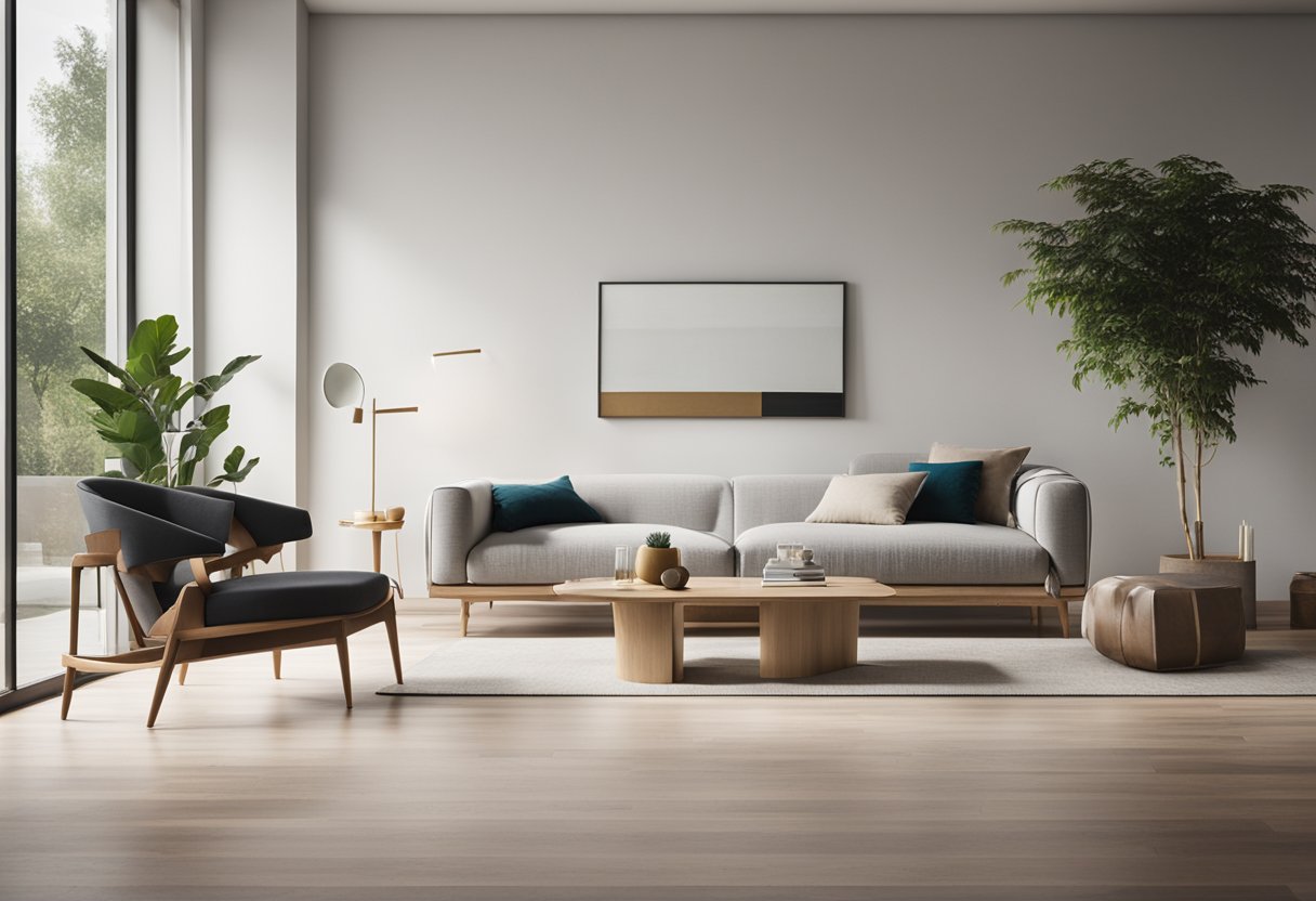 Sleek, minimalist furniture in a spacious, well-lit room with natural materials and pops of color. A mix of modern and traditional elements creates a harmonious, trendsetting interior design