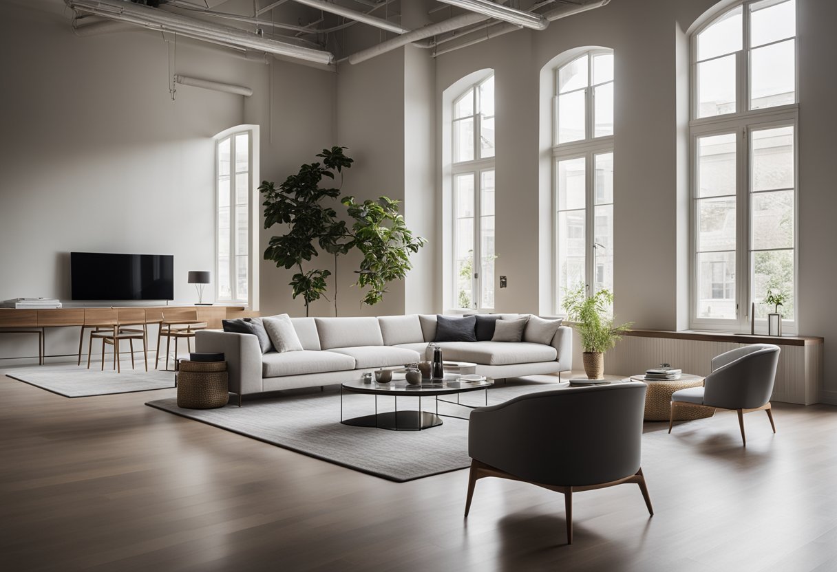 A modern, minimalist interior design firm with sleek furniture, clean lines, and a neutral color palette. Large windows let in natural light, highlighting the elegant and functional space