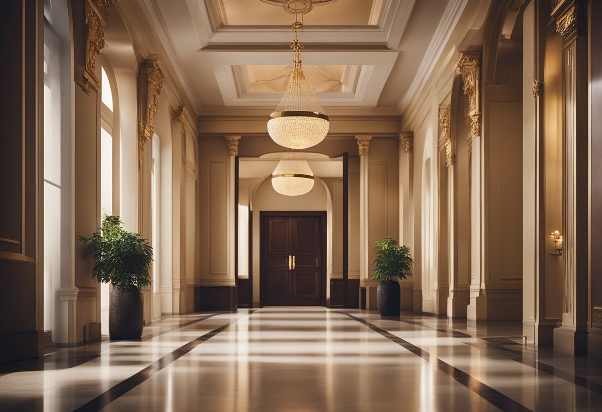 A long hall with warm lighting, high ceilings, and elegant decor creates a welcoming entrance