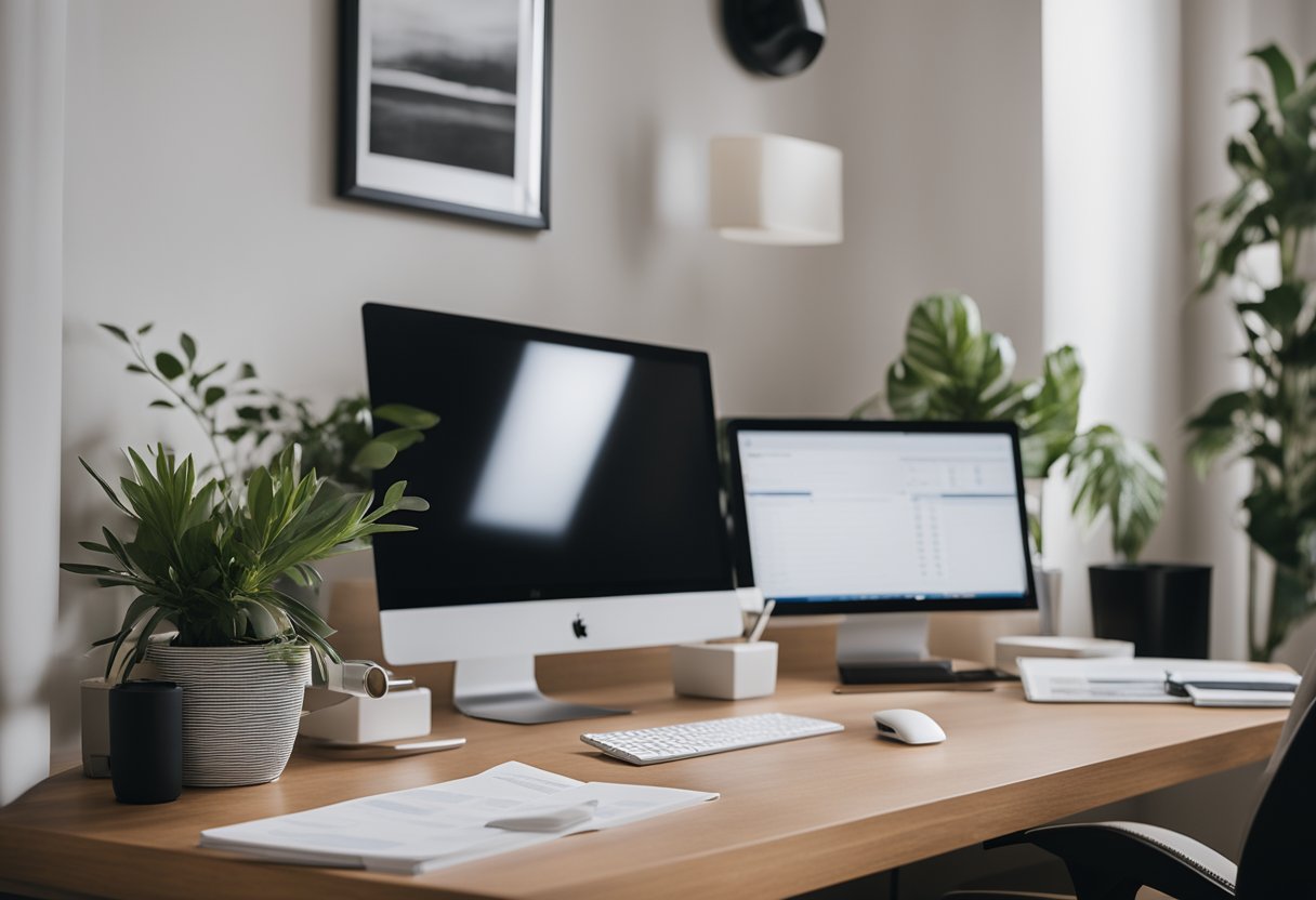 A desk with neatly organized forms, a computer, and a stack of brochures. A comfortable chair and a potted plant add warmth to the professional setting