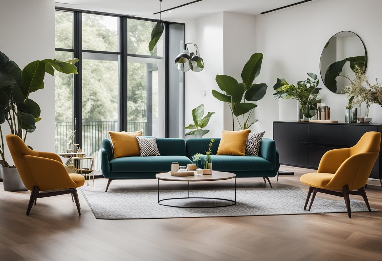 A modern living room with sleek furniture, vibrant colors, and nature-inspired accents. Geometric patterns and minimalist decor create a sense of harmony and sophistication
