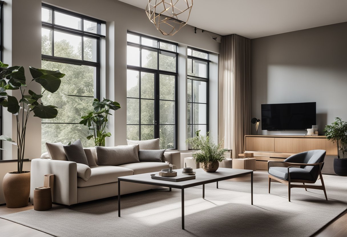 A modern living room with a sleek sofa, geometric coffee table, and minimalist decor. A large window lets in natural light, illuminating the space