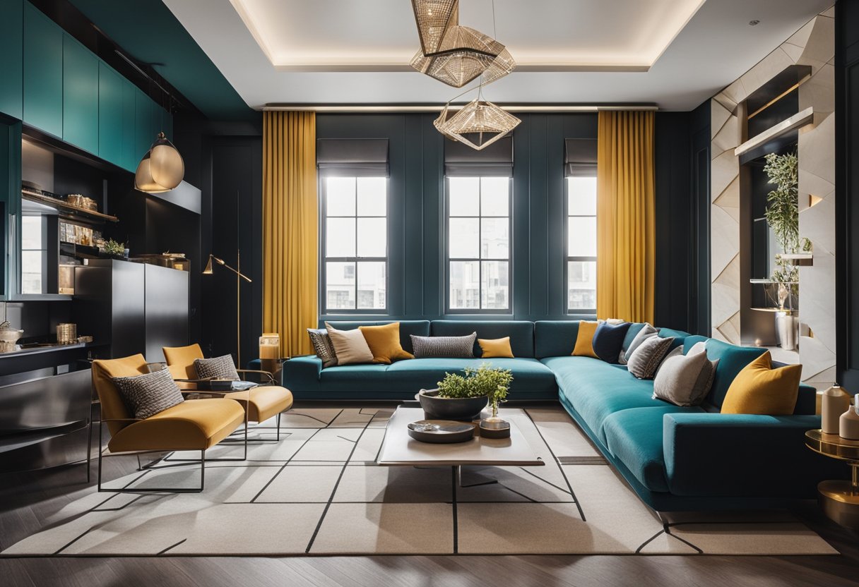 A modern, sleek interior with bold colors and geometric patterns. A mix of traditional and contemporary elements creates a vibrant and dynamic space