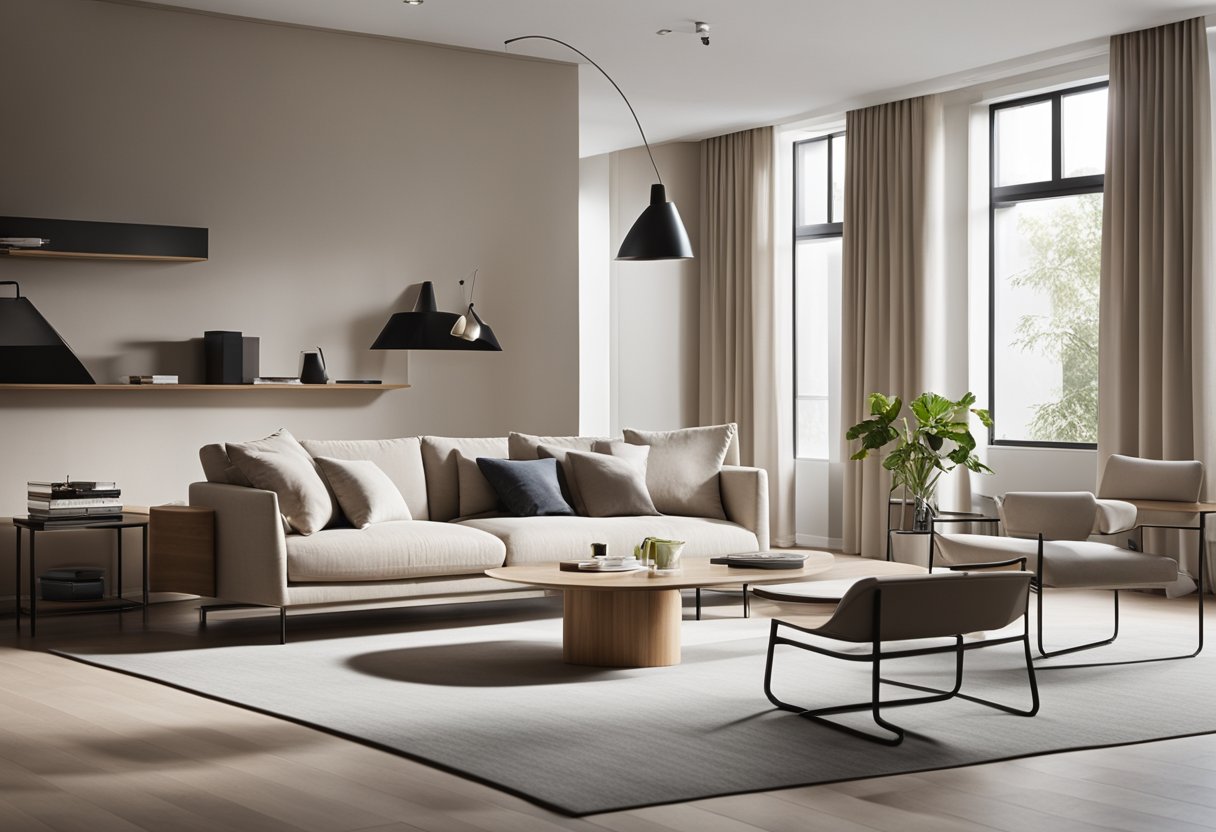 A modern, minimalist interior with sleek furniture and clean lines. Neutral colors and natural light create a serene atmosphere